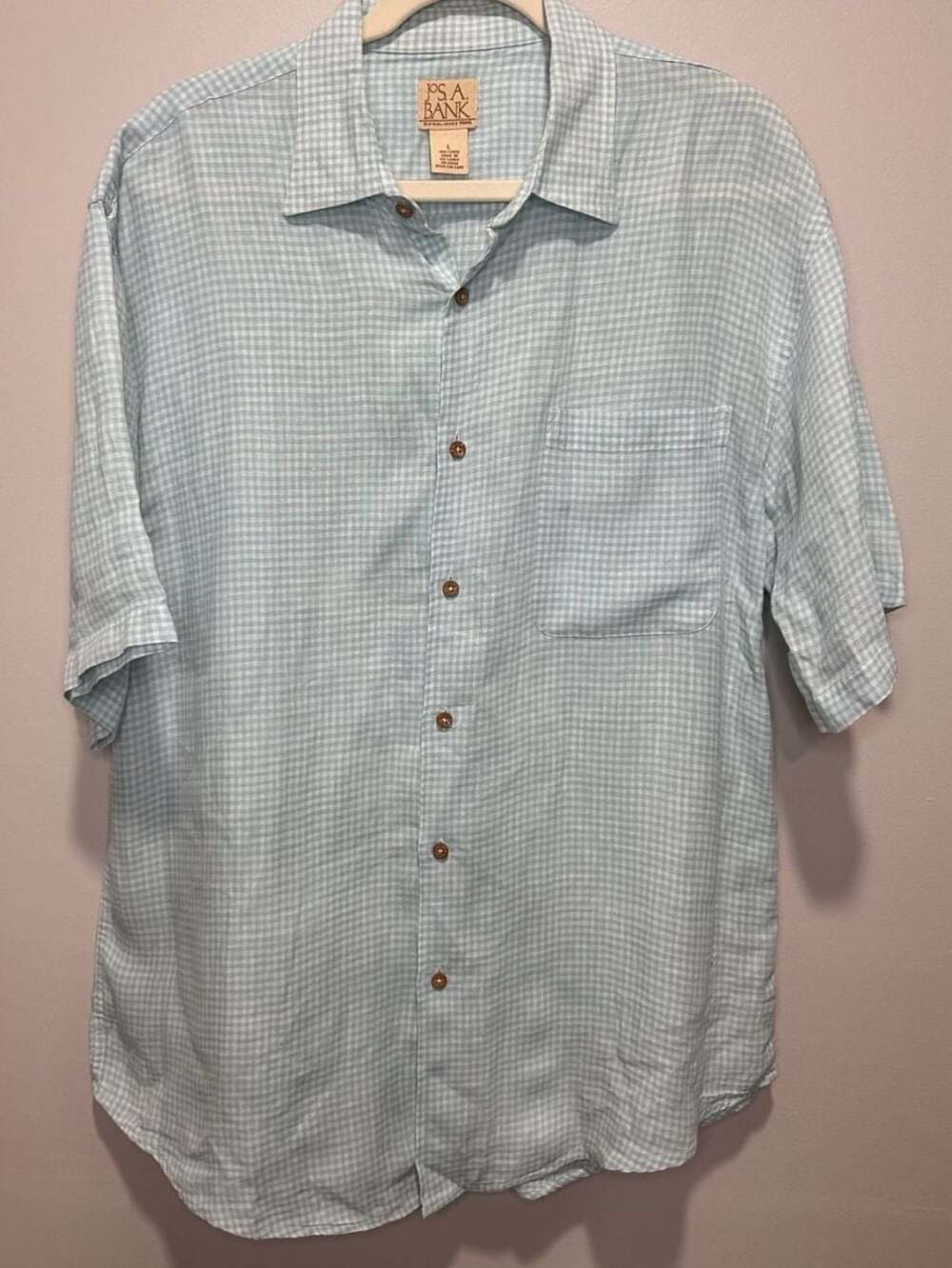 Jos. A. Bank Men's Light Blue Gingham 100% Linen Short Sleeve Button Down, Sz L